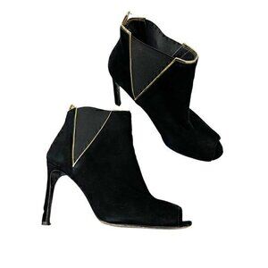 Stuart Weitzman Griff Leather Trim Suede Ankle‎ Boots Heels Black Gold Size 7.5